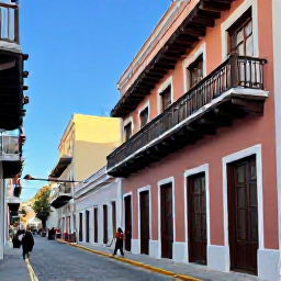 Caribbean Holidays, Puerto Rico December, Colourful Old San Juan street with Spanish colonial buildings, balconies, festive Christmas decorations and people exploring in warm December sunshine