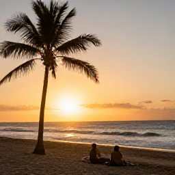 Caribbean Holidays, Puerto Rico December, Couple relaxing on a Puerto Rico beach at sunset in December, with palm silhouettes, gentle waves and warm golden light