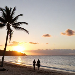 Caribbean Holidays, Puerto Rico December, Couple walking along a quiet Puerto Rico beach at sunset in December, soft golden light, palm silhouettes and calm Caribbean sea