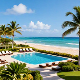 Caribbean Holidays, Puerto Rico December, Elegant Puerto Rico all-inclusive resort beside a sandy beach, with swimming pool, sun loungers and tropical gardens
