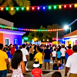 Caribbean Holidays, Puerto Rico December, Festive Puerto Rican celebration at night, with music, colourful lights, local food and happy families in a town square