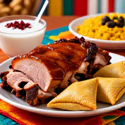 Caribbean Holidays, Puerto Rico December, Festive Puerto Rican table with roast pork, pasteles, arroz con gandules and coquito