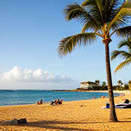Caribbean Holidays, Puerto Rico December, Golden beach at Condado in San Juan with palm trees, calm turquoise water and visitors relaxing in the December sunshine