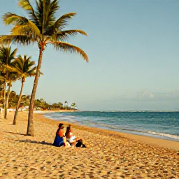 Caribbean Holidays, Puerto Rico December, Golden sandy beach in Puerto Rico in December, with calm turquoise water, palm trees and a couple relaxing in the sunshine