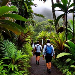 Caribbean Holidays, Puerto Rico December, Hikers following a lush rainforest trail in El Yunque National Forest, Puerto Rico, with tropical plants, misty hills and a small waterfall