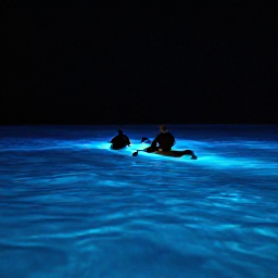 Caribbean Holidays, Puerto Rico December, Kayakers paddling through glowing blue bioluminescent water at night in Mosquito Bay, Vieques, Puerto Rico