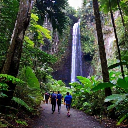 Caribbean Holidays, Puerto Rico December, Lush El Yunque rainforest in Puerto Rico, with a waterfall, tropical plants and visitors walking along a forest trail