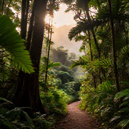 Caribbean Holidays, Puerto Rico December, Lush El Yunque rainforest in Puerto Rico with misty mountains, tropical foliage and a walking trail in warm December sunshine
