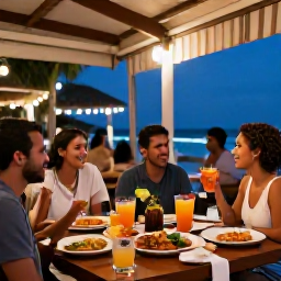 Caribbean Holidays, Puerto Rico December, Outdoor restaurant in San Juan at dusk with local Puerto Rican food, colourful drinks and a friendly festive atmosphere