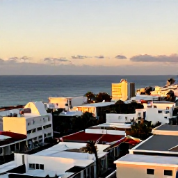 Caribbean Holidays, Puerto Rico December, Panoramic view across San Juan rooftops towards the Caribbean Sea at sunset, warm December light