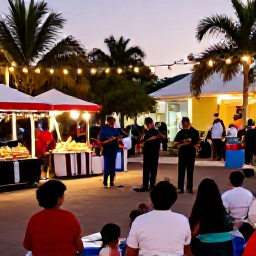Caribbean Holidays, Puerto Rico December, Puerto Rican Christmas celebration in a town square, warm evening light, live music, local food stalls and families enjoying the festive atmosphere