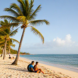 Caribbean Holidays, Puerto Rico December, Puerto Rico backpackers relaxing on a tropical beach with palm trees, clear turquoise water and soft December sunlight