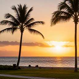 Caribbean Holidays, Puerto Rico December, Puerto Rico coastal viewpoint at sunset in December, warm golden light, palm trees and calm Caribbean sea
