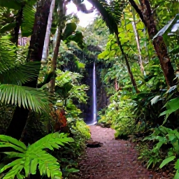 Caribbean Holidays, Puerto Rico December, Puerto Rico tropical rainforest with lush green foliage, a walking trail and a small waterfall in soft daylight