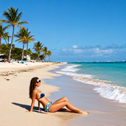 Caribbean Holidays, Puerto Rico December, Solo traveller relaxing on a golden beach in Puerto Rico with turquoise Caribbean water, palm trees and gentle waves