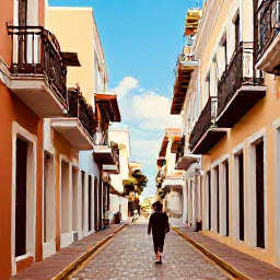 Caribbean Holidays, Puerto Rico December, Solo traveller walking through colourful Old San Juan streets in warm December sunshine, historic Spanish colonial buildings and blue sky