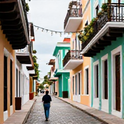 Caribbean Holidays, Puerto Rico December, Traveller walking through colourful Old San Juan streets in December, with colonial buildings, balconies and festive decorations