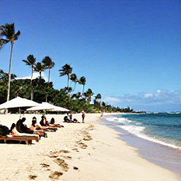 Caribbean Holidays, Puerto Rico December, Travellers relaxing on a beautiful Puerto Rico beach in December, gentle waves, sun loungers, tropical vegetation and bright blue sky