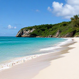Caribbean Holidays, Puerto Rico December, Turquoise Caribbean sea, white sandy beach and green coastal hills at Flamenco Beach in Puerto Rico