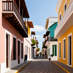 Caribbean Holidays, Puerto Rico December, Visitors exploring colourful Old San Juan streets, historic Spanish buildings, balconies and cobbled lanes on a sunny December morning