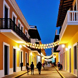 Caribbean Holidays, Puerto Rico December, Visitors walking through illuminated Old San Juan streets with balconies, plazas and festive decorations