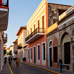 Caribbean Holidays, Puerto Rico December, Visitors walking through the cobbled streets of Old San Juan, admiring colourful buildings, balconies and historic stone walls in warm afternoon light