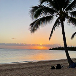 Caribbean Holidays, Puerto Rico Diving, A peaceful Puerto Rico beach at sunset with palm trees, calm Caribbean water and diving gear resting nearby