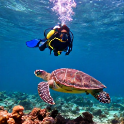 Caribbean Holidays, Puerto Rico Diving, A scuba diver examining a sea turtle above a reef in bright, clear water around Puerto Rico