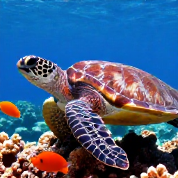 Caribbean Holidays, Puerto Rico Diving, Close-up underwater scene of a sea turtle and tropical fish above Puerto Rican coral reef