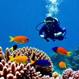 Caribbean Holidays, Puerto Rico Diving, Colourful tropical fish swimming over a Puerto Rico coral reef with a scuba diver in the background