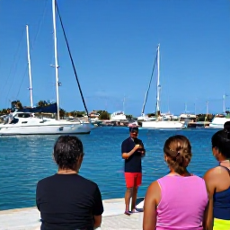 Caribbean Holidays, Puerto Rico Diving, Friendly Puerto Rico dive instructor briefing holidaymakers beside a marina before a boat trip