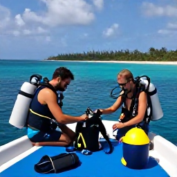 Caribbean Holidays, Puerto Rico Diving, Friendly scuba divers preparing equipment beside a Puerto Rico dive boat with a tropical coastline in the background