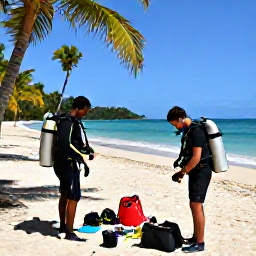 Caribbean Holidays, Puerto Rico Diving, Friendly scuba divers preparing equipment beside a tropical Puerto Rican beach in February sunshine