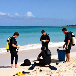 Caribbean Holidays, Puerto Rico Diving, Friendly scuba diving group preparing equipment beside a Caribbean beach in Puerto Rico