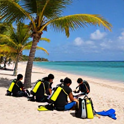 Caribbean Holidays, Puerto Rico Diving, Friendly scuba diving group preparing equipment beside a palm-fringed beach in Puerto Rico