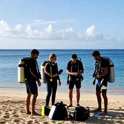 Caribbean Holidays, Puerto Rico Diving, Friendly scuba diving group preparing equipment beside a Puerto Rico beach on a sunny morning