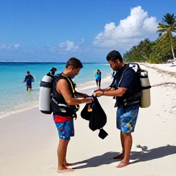 Caribbean Holidays, Puerto Rico Diving, Friendly scuba diving instructor checking equipment with holidaymakers on a Puerto Rican beach