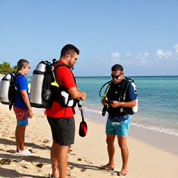 Caribbean Holidays, Puerto Rico Diving, Friendly scuba diving instructor checking equipment with visitors beside a Puerto Rico beach