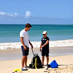 Caribbean Holidays, Puerto Rico Diving, Friendly scuba diving instructor preparing equipment beside a sunny Puerto Rico beach