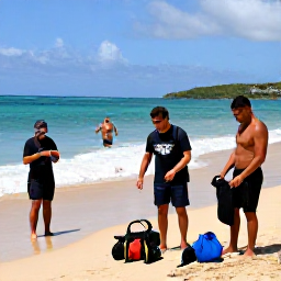 Caribbean Holidays, Puerto Rico Diving, Friendly scuba diving instructor preparing equipment with holidaymakers beside a Puerto Rican beach