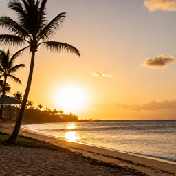 Caribbean Holidays, Puerto Rico Diving, Golden sunset over a Puerto Rican beach with palm trees and relaxed holiday atmosphere