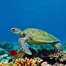 Caribbean Holidays, Puerto Rico Diving, Green sea turtle swimming over coral reef with tropical fish in Puerto Rico