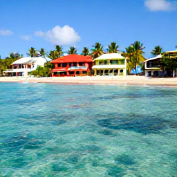Caribbean Holidays, Puerto Rico Diving, Relaxed Puerto Rico beach with palm trees, clear water and colourful local buildings after a day of scuba diving