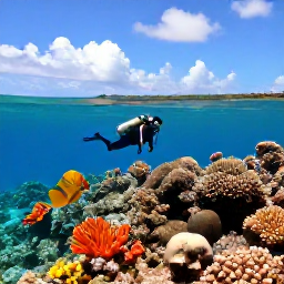 Caribbean Holidays, Puerto Rico Diving, Scuba diver exploring a colourful coral reef beside a sunny Puerto Rican coastline