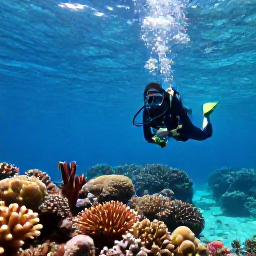 Caribbean Holidays, Puerto Rico Diving, Scuba diver exploring a colourful coral reef in clear turquoise water off Puerto Rico in bright May sunshine