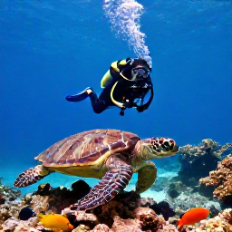 Caribbean Holidays, Puerto Rico Diving, Scuba diver observing a sea turtle and tropical reef fish on a Puerto Rico reef