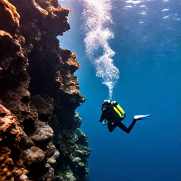 Caribbean Holidays, Puerto Rico Diving, Scuba divers descending beside a dramatic underwater wall near the Puerto Rico coast, with sunlight filtering through blue water