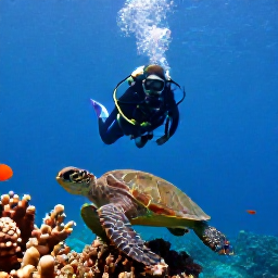 Caribbean Holidays, Puerto Rico Diving, Scuba divers swimming above a coral reef with sea turtles and tropical fish near Puerto Rico