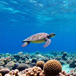 Caribbean Holidays, Puerto Rico Diving, Sea turtle swimming above a shallow coral reef near a tropical Puerto Rican beach