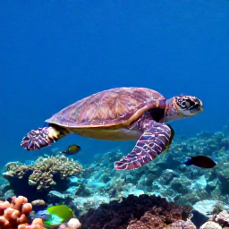 Caribbean Holidays, Puerto Rico Diving, Sea turtle swimming above coral and tropical fish on a Puerto Rico reef during a June scuba dive